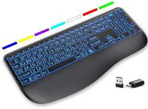 Large Print Backlit Wireless Keyboard  Silent Keyboards with Wrist Rest, 7-Color Light up, Quiet Low Profile Keys, 2.4G Wireless Rechargeable Full Size Keypad for Computer Laptop Windows Mac, Black