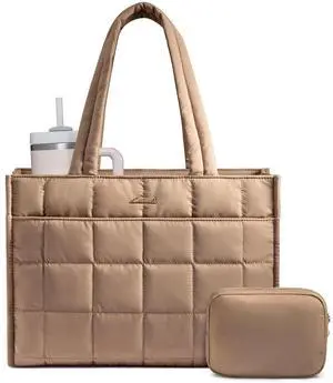 LOVEVOOK Tote Bag for Women, Puffer Work Handbag 15.6 Inch Laptop Purse for Nurse Teacher, Large Quilted Travel Tote Shoulder Bag with Zipper for College Office Clinical Gym, Khaki