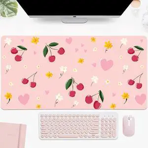 Idocolors Pink Girly Cherry Desk Mat, Cute Extended Gaming Keyboard Mouse Pad, Large Office Desk Cover Mat Pad Deskmat, Non-Slip Leather Home Office Desk Mat Protector 31.5"×15.7"