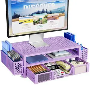 Simple Trending 2 Tier Metal Monitor Stand Monitor riser and Computer Desk Organizer with Drawer and Pen Holder for Laptop, Computer, iMac, Purple