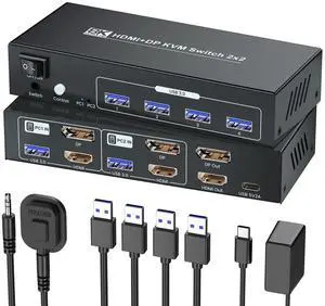 HDMI Displayport KVM Switch 2 Monitors 2 Computers, 8K60Hz 4K120Hz USB 3.0 Dual Monitor HDMI DP KVM Switch for 2 PCs Management Via 1 Set of Keyboard, Mouse and 2 Monitors