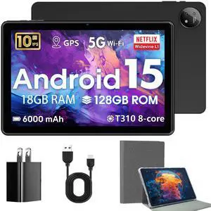 Hasskya Tablet 10 Inch,Android 15 Tablets with Case,18GB+128GB,1TB Expand,Widevine L1 Compatible Octa-Core Tablet with WiFi 5,6000mAh,T310 CPU,High Performance,Processor,Dual Camera(5MP+8MP)