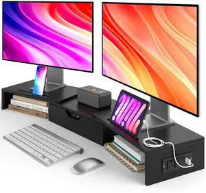 Elephance Dual Monitor Stand with USB Ports,Wood Computer Monitor Stand with Drawer,Adjustable Monitor Stand Riser,Desk Organizer for PC,Computer,Laptop,Black