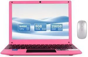 Fwmntu Mini Laptop Computer with Celeron Processor (up to 2.6Ghz),8GB RAM, 256GB SSD, HD IPS Screen, Portable Educational Notebook for Learning, Office Work, Pink