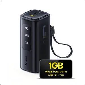 Baseus 4G LTE Mobile Hotspot & 20000mAh 67W Power Bank 2-in-1, Portable WiFi for Travel in 150+ Countries, No SIM Card, No Contract, 10 Devices, Worldwide Hotspot Router with 1GB/Month 1 Year