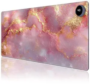 LYHXLYJH Heated Mouse Pad,Warm Desk Pad with 3 Levels Heating & 3 Hours Auto Shut-Off, PU Leather Heated Desk Pad Warmer Pad for Home Office - 31.5 x 13 inch,Pink Gold Marble