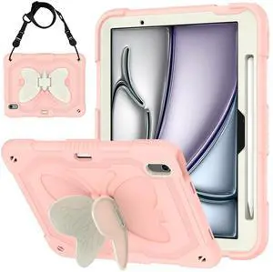 Case for iPad Air 11 inch M2 2024, Cute Butterfly Wings Shockproof Cartoon Silicone Kickstand Protection Cover with Strap for Apple iPad Air 6th Gen for Kids Boy Girl Women Gift (Pink)