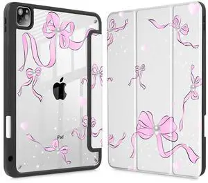 May Chen for iPad Pro 13 Inch Case M5 2025 / M4 2024, Built Pencil Holder & Clear Transparent Print Back Shell Slim Stand Shockproof Tablet Cover, Auto Wake/Sleep, Pearl Bow