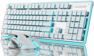 SEUNKWANG EWEADN V3 Wireless Keyboard and Mouse with Blue Backlit, Metal Panel, Bluetooth/2.4G Rechargeable Computer Keyboard and Mouse Combo Silent Lighted Full Size Cute Keyboards-White