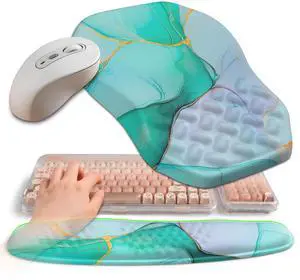 Gleamtide 2-in-1 Ergonomic Set, Wave Keyboard Wrist Rest and Massage Slope Mouse Pad Wrist Support, Rebound Memory Foam for Relieve Carpal Tunnel Syndrome and Wrist Pain (Green Gold Marble)