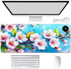 Heated Mouse Pad Hand Warmer, Warm Desk Pad Mousepad Desk Mat with 3 Levels Heating and Auto Shut Down 31.5 x 13 inch PU Leather Warmer Keyboard Mat for Gaming Laptop Office Home,Oriental Cherry Art