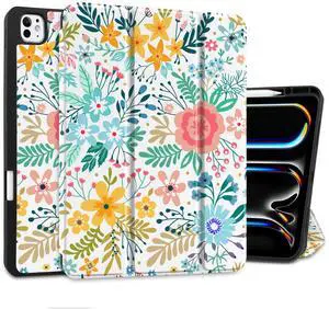 DONGKE Case for iPad Pro 13 inch (M5 2025 / M4 2024)  [Built-in Pencil Holder] Ultra Slim PU Leather Trifold Stand Cover with Soft TPU Back, Auto Wake/Sleep - Flower