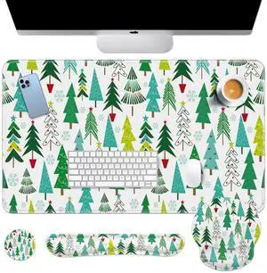 Britimes Merry Christmas Tree Keyboard Mouse Pad Set Snowflakes Green 4in1 Large Mousepad+Keyboard Wrist Rest+Mouse Wrist Rest+Coaster Ergonomic Design for Home Office Computer 35.4 * 15.7 inches
