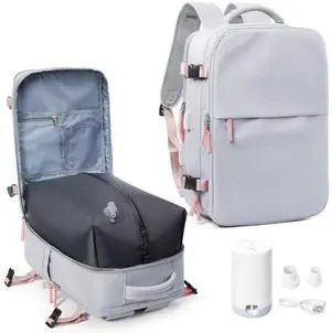 suwasp Vacuum Compression Backpack, 45L Expandable Travel Backpack with Electric Vacpack Pump, Travel Vacuum Bags with Shoe Compartment/17inch Laptop Compartment/USB Port, Grey