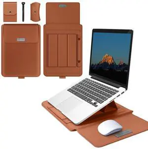 MokaZii [3 in 1 15-15.6 inch Laptop Sleeve Protective Case for MacBook Air/Pro 15" (M4/M3/M2), PU Leather Laptop Waterproof Slim Cover with Stand and Mouse for MacBook Pro (15") - Brown