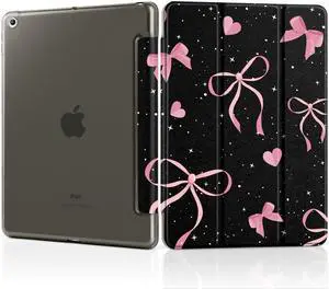 MEEgoodo Case for iPad 10.2 inch, Case for iPad 9th Generation 2021/ 8th Generation 2020/ 7th Gen 2019, Tablet Cover with Silk Texture & PC Back Cover, Pink Ribbons Bows