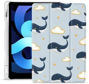 MAYCARI Ocean Sea Marine Life Case for iPad 10.9 inch 2022 with Pencil Holder, Original Pattern iPad 10th Generation Soft TPU Back Protective Cover Shell, Auto Sleep/Wake Slim Shell - Clouds Whales
