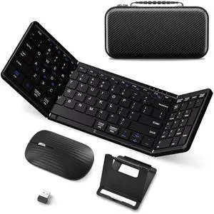 Foldable Keyboard and Mouse, Folding Bluetooth Keyboard Combo, Full-Size Portable Travel Keyboard & Mouse for Business Travel, Compatible with Laptop iPad Tablet - Elegant Black, 2.4G + BT5.1 x 2
