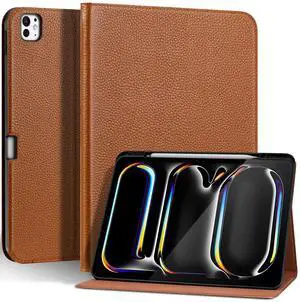 Thryxop Genuine Leather Case for iPad Pro 13 inch (M5/M4) 2025/2024 with Pencil Holder | Slim Protective Cover with Adjustable Stand, Auto Wake/Sleep, Premium Leather | Brown