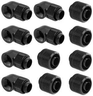 Dracaena Water Cooling Combo - 6x G1/4" 90° Rotary Male to Female Extenders + 6x 3/8" ID 5/8" OD Soft Tubing Compression Fittings for PC Liquid Cooling System, Black