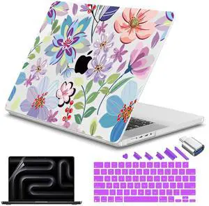 Teryeefi for M5 MacBook Pro 14 inch Case M4 M3 M2 M1 (2025 2024 2022 2021) Model A3112 A3185 A3401 A2918 A2992 A2779 A2442, PC Hard Shell+ Keyboard Cover +Type C Adapter, Pretty Flowers Clear-104