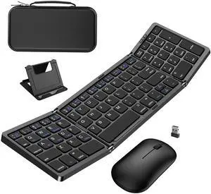 Foldable Keyboard and Mouse, Folding Wireless Keyboard Mouse Combo with Portable Case, Rechargeable 2.4G Wireless+Bluetooth Multi-Device Combo for Windows, iOS, Android, macOS PC/Laptop/Tablet