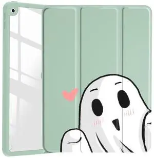 JOYLAND Cute Funny Ghost Pattern Case for 9.7" iPad 5th/6th Generation2017/2018,Clear Acrylic Hard Back Case with Pencil Holder Trifold Stand Tablet Cover (Model Number:A1822 A1823 A1893 A1954)