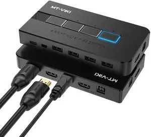 MT-VIKI KVM Switch HDMI 4 Port Boxes, 4K@30Hz USB HDMI KVM Console for 4 PCs Share 1 HD Monitor and Keyboard Mouse, Button + Desktop Selector Switching
