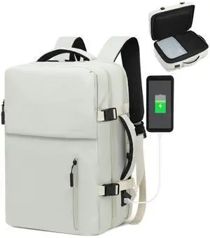 SUIKIHUM Business Travel Carry on Backpack, Lay Flat Luggage Style Bag with USB C & A, 16-inch Suitcase Capacity, Airline Approved, Beige