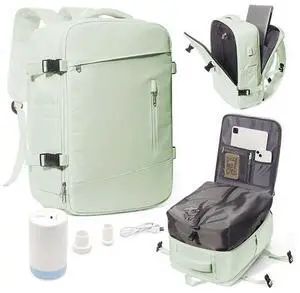 Large Vacuum Travel Backpack Women With Pump Carry On Airline Flight Approved Expandable Work Personal Item size Compression Backpack Bag Laptop compartment College Men Waterproof MintGreen