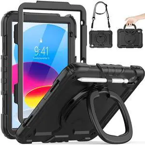 HXCASEAC Case for iPad A16 11th/10th Generation, Full Body Protective with 360 Degree Rotating Handle Stand, Screen Protector, Pencil Holder, Shoulder Strap (A2969/A2757/A3354/A3355/3356) - Black