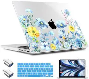 TWOLSKOO for MacBook Pro 14 inch Case M5 M4 M3 M2 M1 Pro Max Chip (2026-2021), Plastic Hard Shell & Keyboard Cover & Type C Adapter & Screen Protector, Blue Flowers