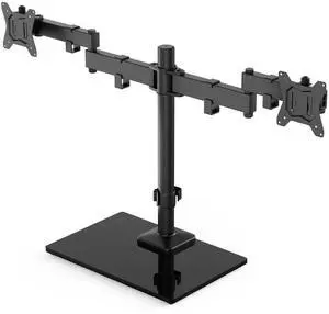 HUANUO Freestanding Dual Monitor Stand, 32 Inch Dual Monitor Mount for 2 Screens, Holds up to 19.8 lbs per Arm, Monitor Arm Riser with Tempered-Glass Base, Tilt, Swivel, Rotation, Black