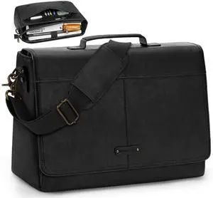 RAINSMORE Vintage Flap Messenger Bag for Men PU Vegan Leather Laptop Bag 15.6 Inch Waterproof Mens Briefcase Retro Computer Bag for Work College Office Travel Satchel Bag Men Black