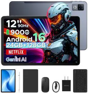 DOOGEE U12 Updated Android 16 Tablet with Keyboard,12 inch Tablet with Gemini AI,24GB+128GB/TF 2TB Octa-Core Gaming Tablets,2K 2000x1200 FHD+IPS,9000mAh/18W,13MP+8MP,Widevine L1,5G WiFi,Metal Body