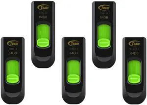 TEAMGROUP C145 64GB 5 Pack USB 3.2 Gen 1 (3.1/3.0) Read 100MB/s Flash Thumb Drive, External Data Storage Memory Stick Compatible with Computer/Laptop (Black-Green) TC145364GG21