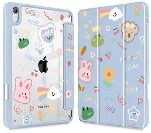 May Chen Case for iPad mini 7 (A17 Pro, 7th Generation) 2024 / iPad mini 6 (6th Gen) 8.3 Inch, [Built-in Pencil Holder] Shockproof Cover Clear Clear Back Shell Auto Wake/Sleep, Cartoon Stick Figure