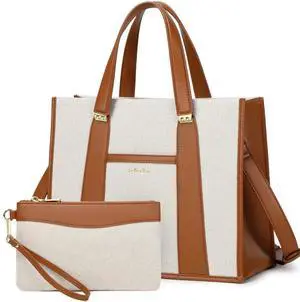 BASA BELA Canvas Tote Bag for Women Work, Pu Leather Laptop Handbag for Daily Use with Small Wallet Brown