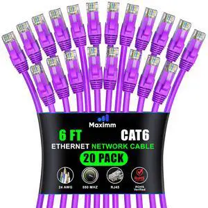 Maximm Cat6 Ethernet Cable 6 Ft Purple (20-Pack), 10Gbps 550MHz UTP Cord Maximm Cat6 Ethernet Cable 6 Ft Purple (20-Pack), 10Gbps 550MHz UTP Cord