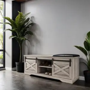 wesome 47 Inch Modern Farmhouse Sliding X Barn Door Litterbox Bench with Entry Cutout, Shoe Bench, Grey Walnut