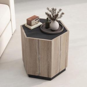 Wesome Hexagonal Rural Style Garden Retro with Drawer Living Room Corner Table Bedroom Bedside Table , Textured Black + Warm Oak
