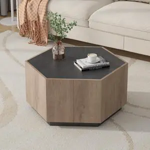 Wesome Hexagonal Rural Style Garden Retro Living Room Coffee Table with 2 drawers, Textured Black + Warm Oak