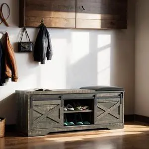 wesome 47 Inch Modern Farmhouse Sliding X Barn Door Litterbox Bench with Entry Cutout, Shoe Bench, Grey Walnut Old Pine