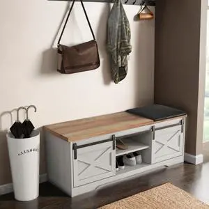 wesome 47 Inch Modern Farmhouse Sliding X Barn Door Litterbox Bench with Entry Cutout, Shoe Bench, Grey Walnut Brown+White