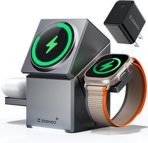 ZEEHOO CubeTrickX 3in1 Magnetic Wireless Charging Station with 30W Fast Charger for iPhone 16 15 14 13 12, Apple Watch, and AirPods - Qi2 Certified, Auto-Rotating, Compact Design