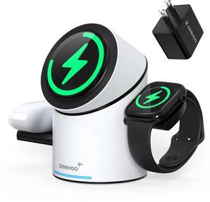 ZEEHOO CylinTrick-R 3-in-1 Magnetic Wireless Charging Station with 15W Qi2 Fast Charging for iPhone 16/15/14/13/12, Apple Watch, and AirPods - Includes 30W USB-C Travel Adapter and Auto-Rotating Dock