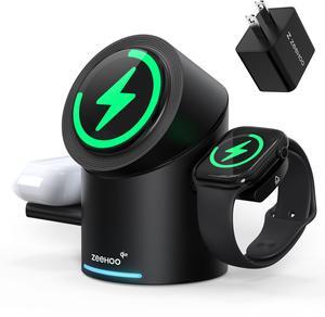 ZEEHOO CylinTrick-R 3-in-1 Magnetic Wireless Charging Station with 15W Qi2 Fast Charging for iPhone 16/15/14/13/12, Apple Watch, and AirPods - Includes 30W Travel Adapter, Auto-Rotating Dock Black