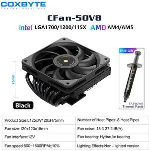 COXBYTE CFan-50V8 8 Heat Pipes Down-pressure CPU Air-cooling Cooler 45MM High 9CM Fan for LGA1200/1700/AM4/5 ITX Chassis
