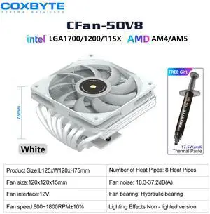 COXBYTE CFan-50V8 8 Heat Pipes Down-pressure CPU Air-cooling Cooler 45MM High 9CM Fan for LGA1200/1700/AM4/5 ITX Chassis CFan50V8 W No ARGB