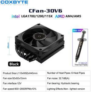 COXBYTE CFan-30V6 6 Heat Pipes Down-pressure CPU Air-cooling Cooler 45MM High 9CM Fan for LGA1200/1700/AM4/5 ITX Chassis